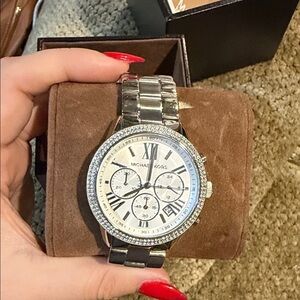 Michael Kors Silver Chronograph Watch with Crystal Bezel